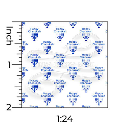 blue happy chanukah menorah peel-and-stick miniature dollhouse wallpaper shown with a ruler in 1:24 scale