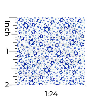 blue jewish star of david chanukah miniature dollhouse wallpaper shown with a ruler in 1:24 scale