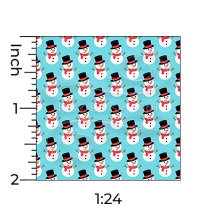 1:24 scale snowman dollhouse wallpaper pattern on a light blue background, shown with inch ruler snowmen are white with black top hats red scarves and orange #color_aqua