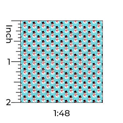 1:48 scale snowman dollhouse wallpaper pattern on a light blue background, shown with inch ruler snowmen are white with black top hats red scarves and orange #color_aqua