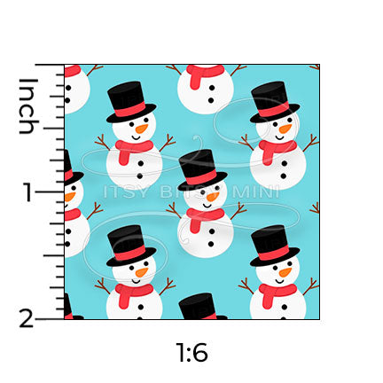1:6 scale snowman dollhouse wallpaper pattern on a light blue background, shown with inch ruler snowmen are white with black top hats red scarves and orange #color_aqua