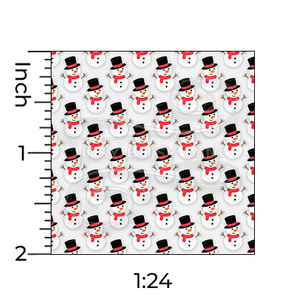 1:24 scale snowman dollhouse wallpaper pattern on a light gray background, shown with inch ruler snowmen are white with black top hats red scarves and orange #color_lightgray