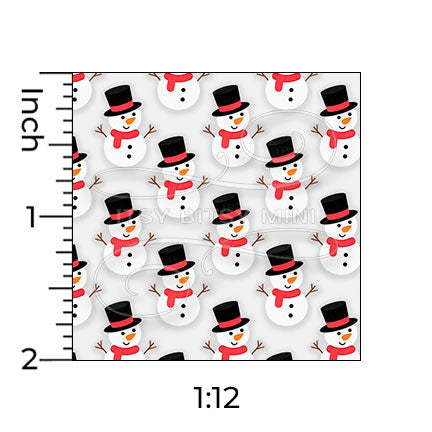 1:12 scale snowman dollhouse wallpaper pattern on a light gray background, shown with inch ruler snowmen are white with black top hats red scarves and orange #color_lightgray