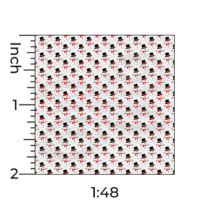 1:48 scale snowman dollhouse wallpaper pattern on a light gray background, shown with inch ruler snowmen are white with black top hats red scarves and orange #color_lightgray