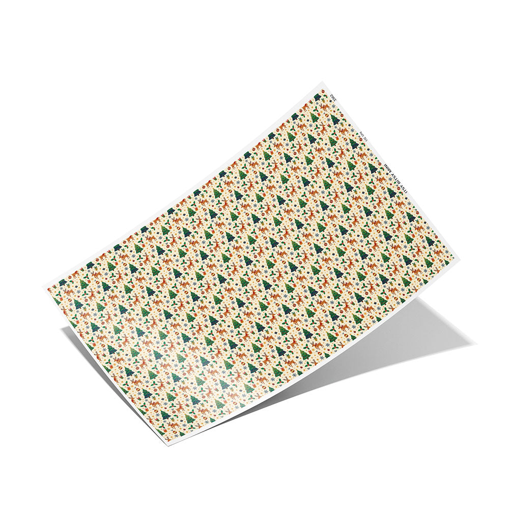 beige Christmas reindeer and trees peel-and-stick miniature dollhouse wallpaper in 1:12 scale full sheet