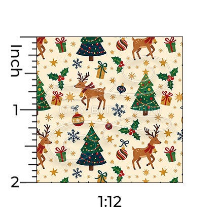 beige Christmas reindeer and trees miniature dollhouse wallpaper with a ruler in 1:12 scale