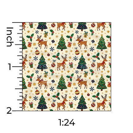 beige Christmas reindeer and trees miniature dollhouse wallpaper with a ruler in 1:24 scale