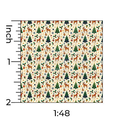 beige Christmas reindeer and trees miniature dollhouse wallpaper with a ruler in 1:48 scale