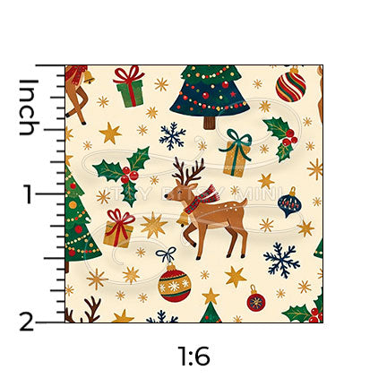 beige Christmas reindeer and trees miniature dollhouse wallpaper with a ruler in 1:6 scale