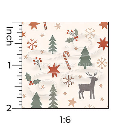 beige Christmas forest miniature dollhouse wallpaper shown with a ruler in 1:6 scale #color_seashell