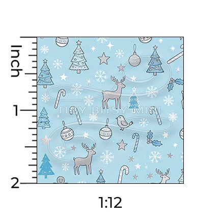 light blue Christmas forest miniature dollhouse wallpaper shown with a ruler in 1:12 scale #color_lightblue