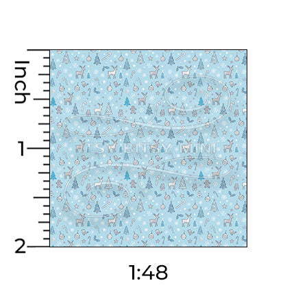 light blue Christmas forest miniature dollhouse wallpaper shown with a ruler in 1:48 scale #color_lightblue