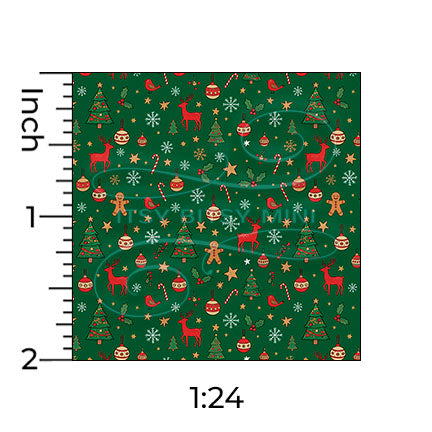 dark green Christmas forest miniature dollhouse wallpaper shown with a ruler in 1:24 scale #color_darkgreen
