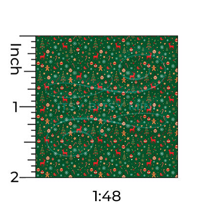 dark green Christmas forest miniature dollhouse wallpaper shown with a ruler in 1:48 scale #color_darkgreen