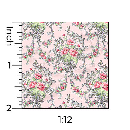 Brenda floral pink miniature dollhouse wallpaper shown with a ruler in 1:12 scale #color_pink
