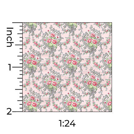 Brenda floral pink miniature dollhouse wallpaper shown with a ruler in 1:24 scale #color_pink