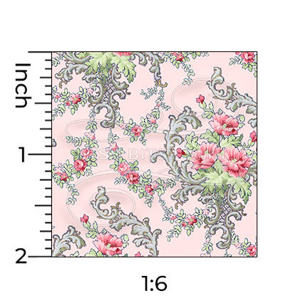 Brenda floral pink miniature dollhouse wallpaper shown with a ruler in 1:6 scale #color_pink
