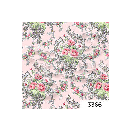 pink square Victorian style dollhouse wallpaper swatch with a repeating floral pattern on a pale pink background, featuring gray scrollwork, green leaves, and pink flowers #color_pink
