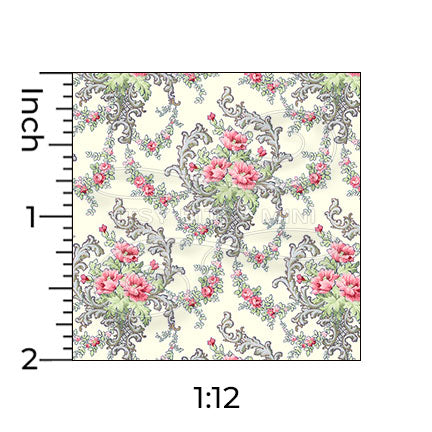 Brenda floral light yellow miniature dollhouse wallpaper shown with a ruler in 1:12 scale #color_yellow