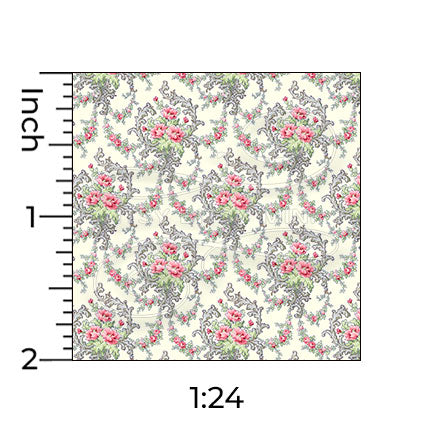 Brenda floral yellow miniature dollhouse wallpaper shown with a ruler in 1:24 scale #color_yellow