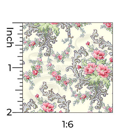 Brenda floral yellow miniature dollhouse wallpaper shown with a ruler in 1:6 scale #color_yellow