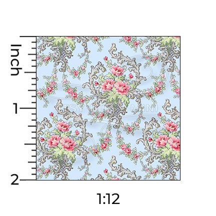Brenda floral cornflower blue miniature dollhouse wallpaper shown with a ruler in 1:12 scale #color_cornflowerblue