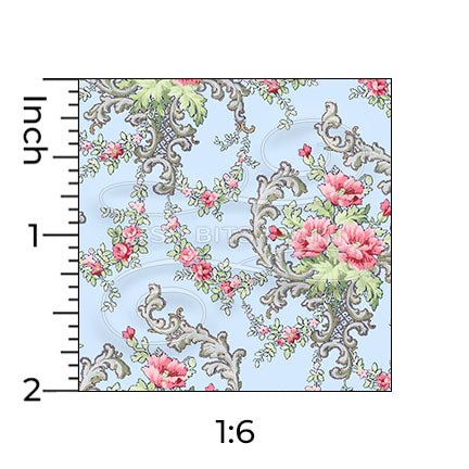 Brenda floral cornflower blue miniature dollhouse wallpaper shown with a ruler in 1:6 scale #color_cornflowerblue