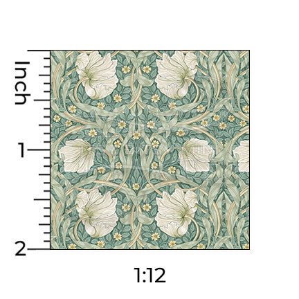 green William Morris tulip miniature dollhouse wallpaper shown with a ruler in 1:12 scale #color_cadetblue