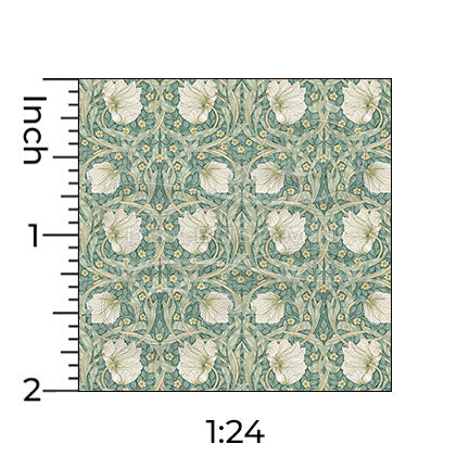 green William Morris tulip miniature dollhouse wallpaper shown with a ruler in 1:24 scale #color_cadetblue