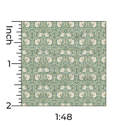 green William Morris tulip miniature dollhouse wallpaper shown with a ruler in 1:48 scale #color_cadetblue