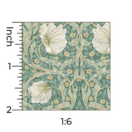 green William Morris tulip miniature dollhouse wallpaper shown with a ruler in 1:6 scale #color_cadetblue