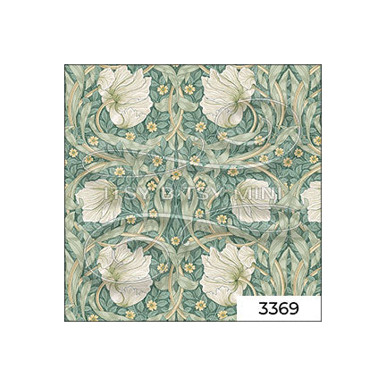 green William Morris tulip miniature dollhouse wallpaper shown with a ruler in 1:12 scale SKU 3369 #color_cadetblue