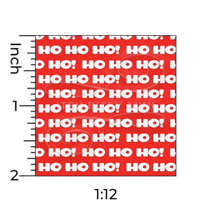 white Ho Ho Ho! Christmas greeting text on a red background miniature dollhouse wallpaper with a ruler in 1:12 