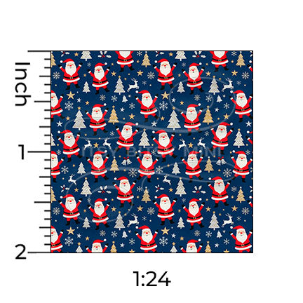 dark blue dancing Santa Claus miniature dollhouse wallpaper shown with a ruler in 1:24 scale #color_darkblue
