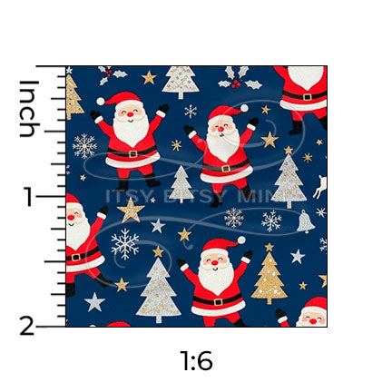 dark blue dancing Santa Claus miniature dollhouse wallpaper shown with a ruler in 1:6 scale #color_darkblue
