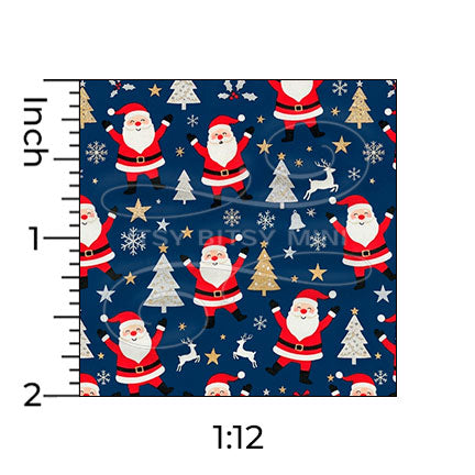 dark blue dancing Santa Claus miniature dollhouse wallpaper shown with a ruler in 1:12 scale #color_darkblue