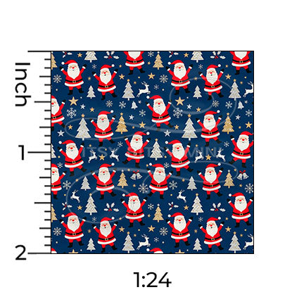 dark blue dancing Santa Claus miniature dollhouse wallpaper shown with a ruler in 1:24 scale #color_darkblue