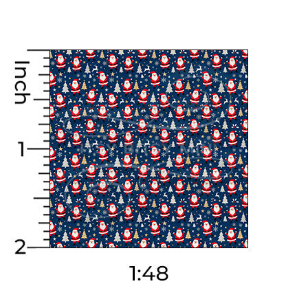 dark blue dancing Santa Claus miniature dollhouse wallpaper shown with a ruler in 1:48 scale #color_darkblue