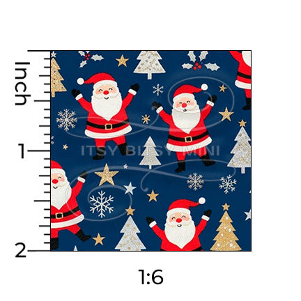 dark blue dancing Santa Claus miniature dollhouse wallpaper shown with a ruler in 1:6 scale #color_darkblue