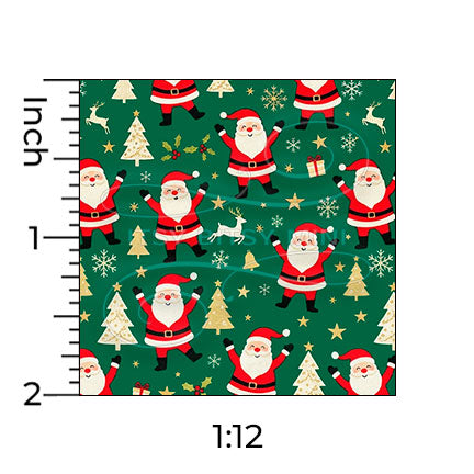 green dancing Santa Claus miniature dollhouse wallpaper shown with a ruler in 1:12 scale #color_green