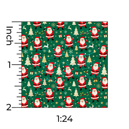 green dancing Santa Claus miniature dollhouse wallpaper shown with a ruler in 1:24 scale #color_green