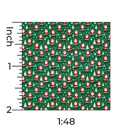 green dancing Santa Claus miniature dollhouse wallpaper shown with a ruler in 1:48 scale #color_green