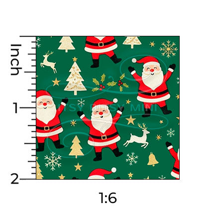 green dancing Santa Claus miniature dollhouse wallpaper shown with a ruler in 1:6 scale #color_green