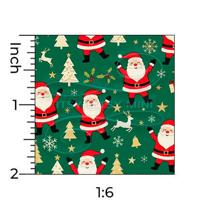 green dancing Santa Claus miniature dollhouse wallpaper shown with a ruler in 1:6 scale #color_green