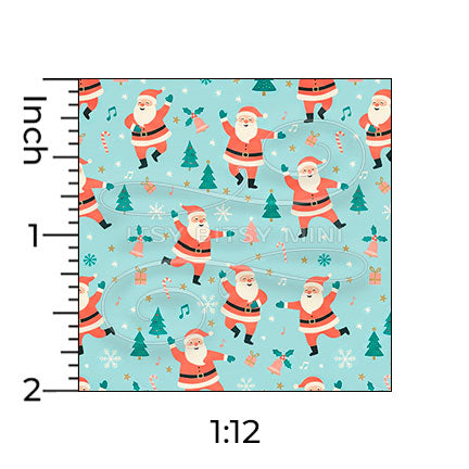 light blue dancing Santa Claus miniature dollhouse wallpaper shown with a ruler in 1:12 scale #color_aqua