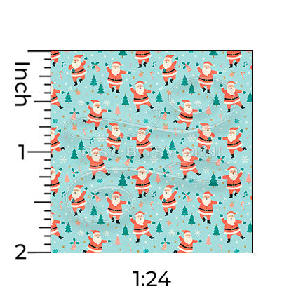 light blue dancing Santa Claus miniature dollhouse wallpaper shown with a ruler in 1:24 scale #color_aqua