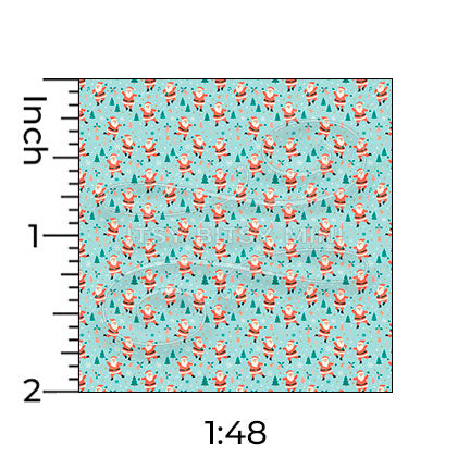 light blue dancing Santa Claus miniature dollhouse wallpaper shown with a ruler in 1:48 scale #color_aqua