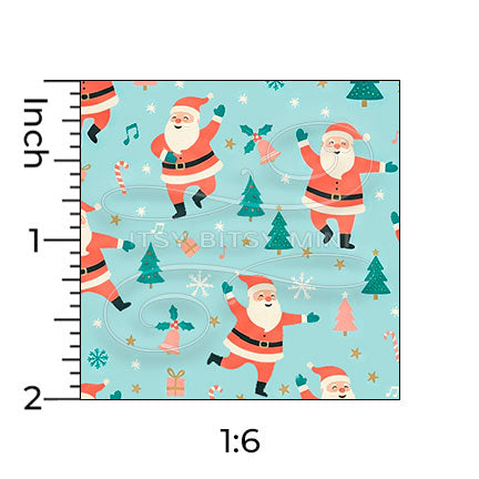 light blue dancing Santa Claus miniature dollhouse wallpaper shown with a ruler in 1:6 scale #color_aqua