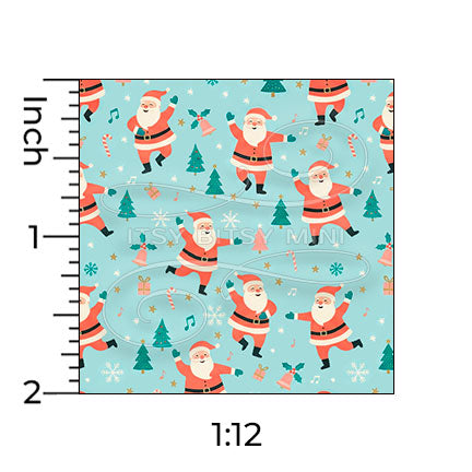 light blue dancing Santa Claus miniature dollhouse wallpaper shown with a ruler in 1:12 scale #color_aqua
