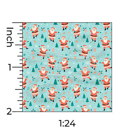 light blue dancing Santa Claus miniature dollhouse wallpaper shown with a ruler in 1:24 scale #color_aqua
